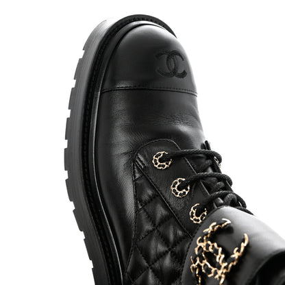 Chanel Shiny Calfskin Quilted Lace Up Combat Boots 41 Black 9 of 9