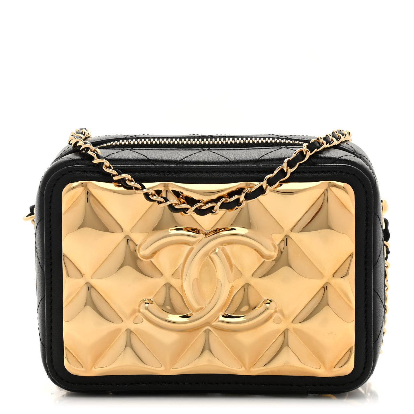 Lambskin Quilted Golden Plate Clutch With Chain Black