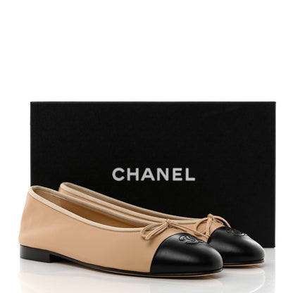 Chanel Lambskin Cap Toe CC Ballerina Flats 40 Beige Black 9 of 9