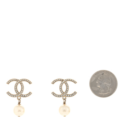 Chanel Pearl Crystal CC Drop Earrings Gold 2 of 5