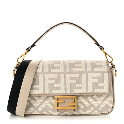 Fendi Canvas Vitello King FF Embroidered Baguette Grezzo White Nuvola 1 of 10