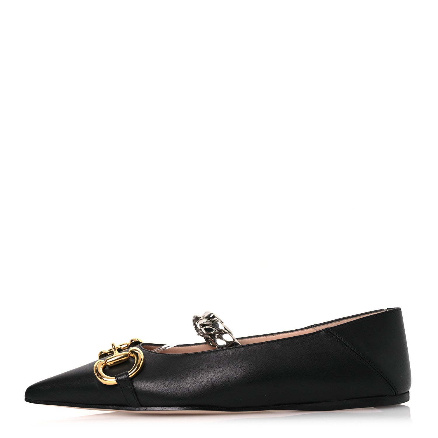 Gucci Nappa Lumiere Deva Horsebit Chain Embellished Flats 35 Black 1 of 11