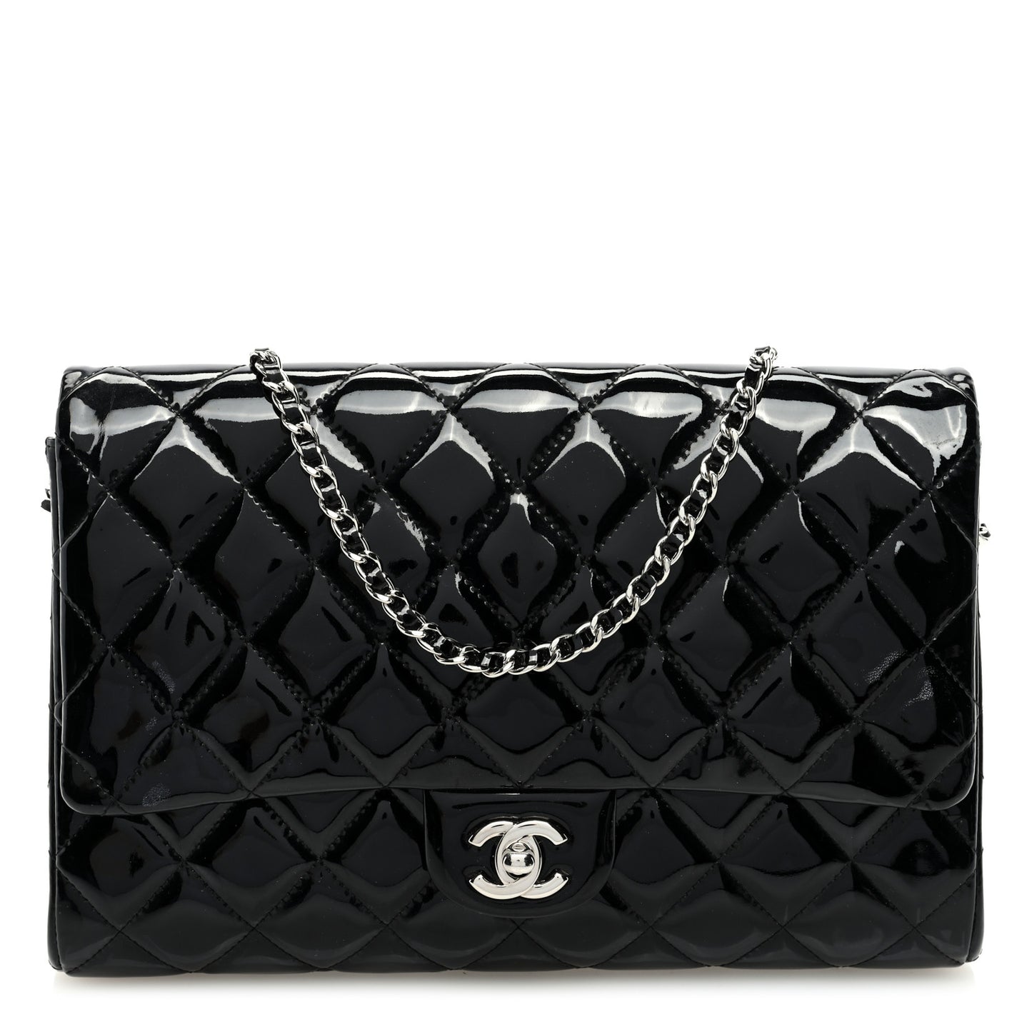 Patent Quilted Clutch with Chain Flap Black