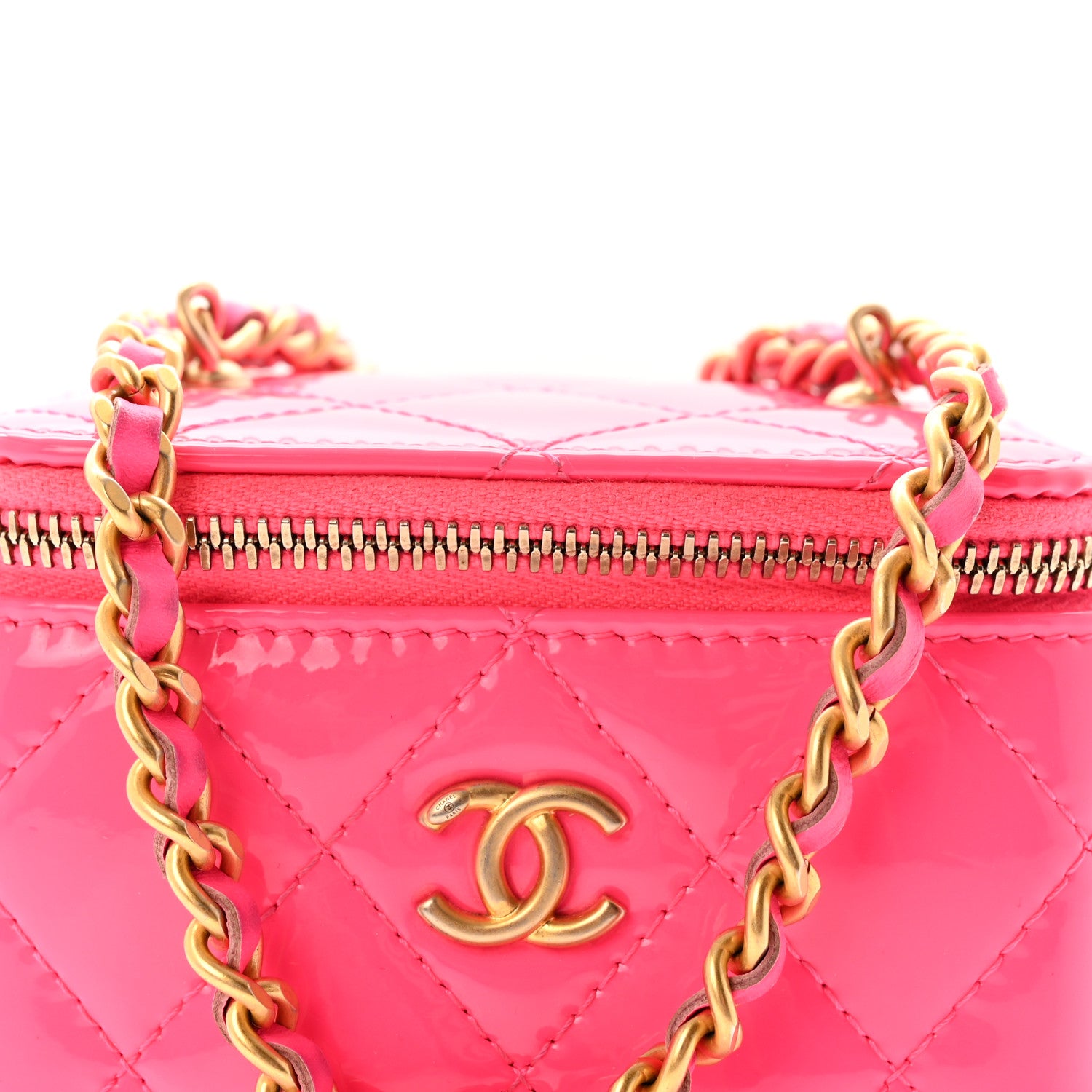 Chanel Patent Quilted Pearl Crush Mini Vanity Case With Chain Neon Pink 8 of 10