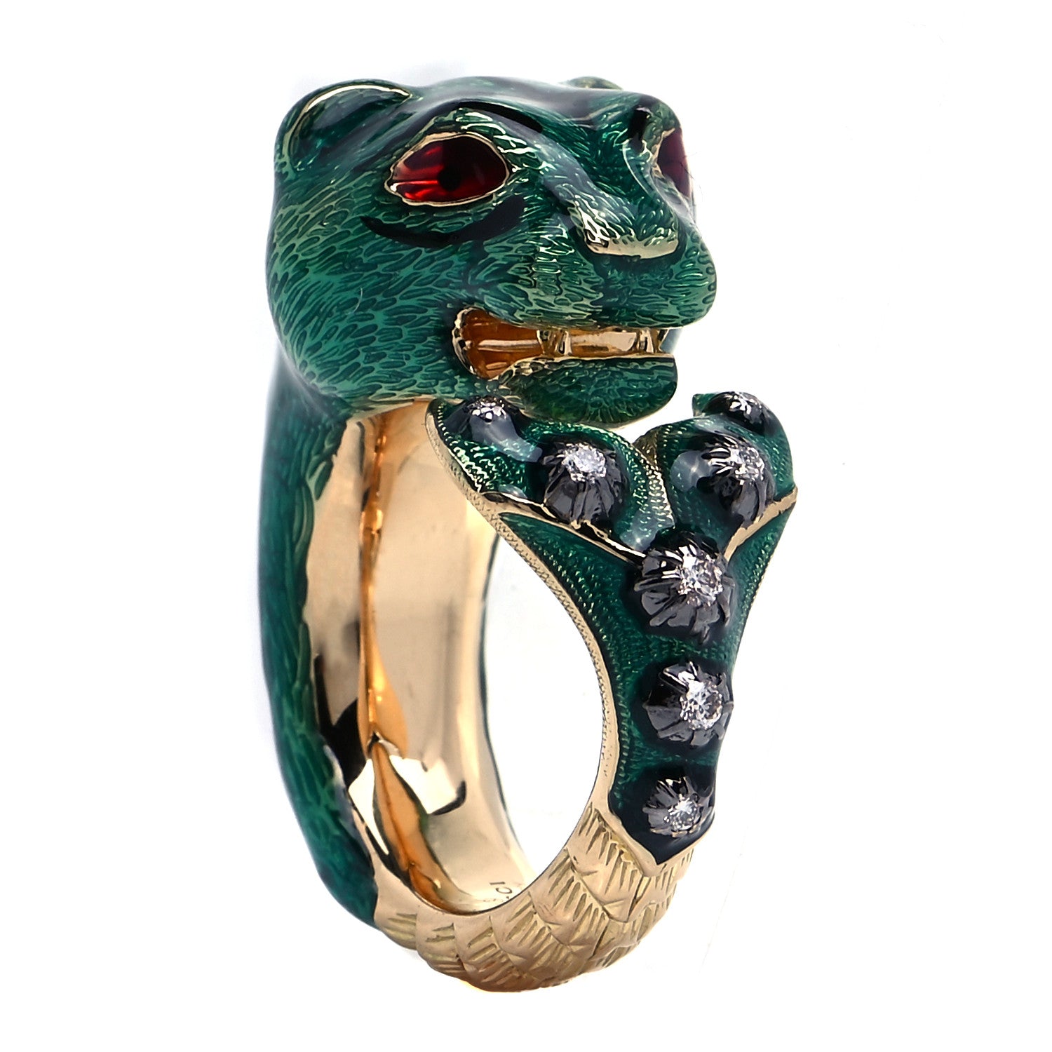 Gucci 18K Yellow Gold Diamond Enamel Le Marche Des Merveilles Tiger Head Ring Green 54 7 1 of 7