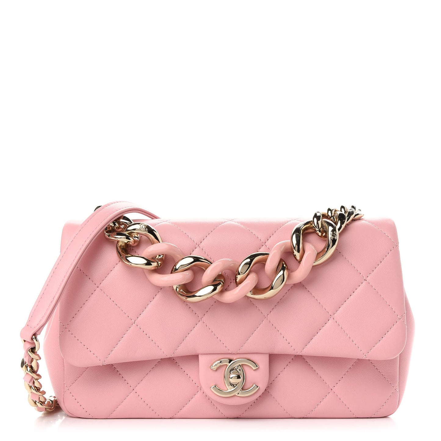 Lambskin Quilted Resin Bi-Color Chain Flap Bag Pink