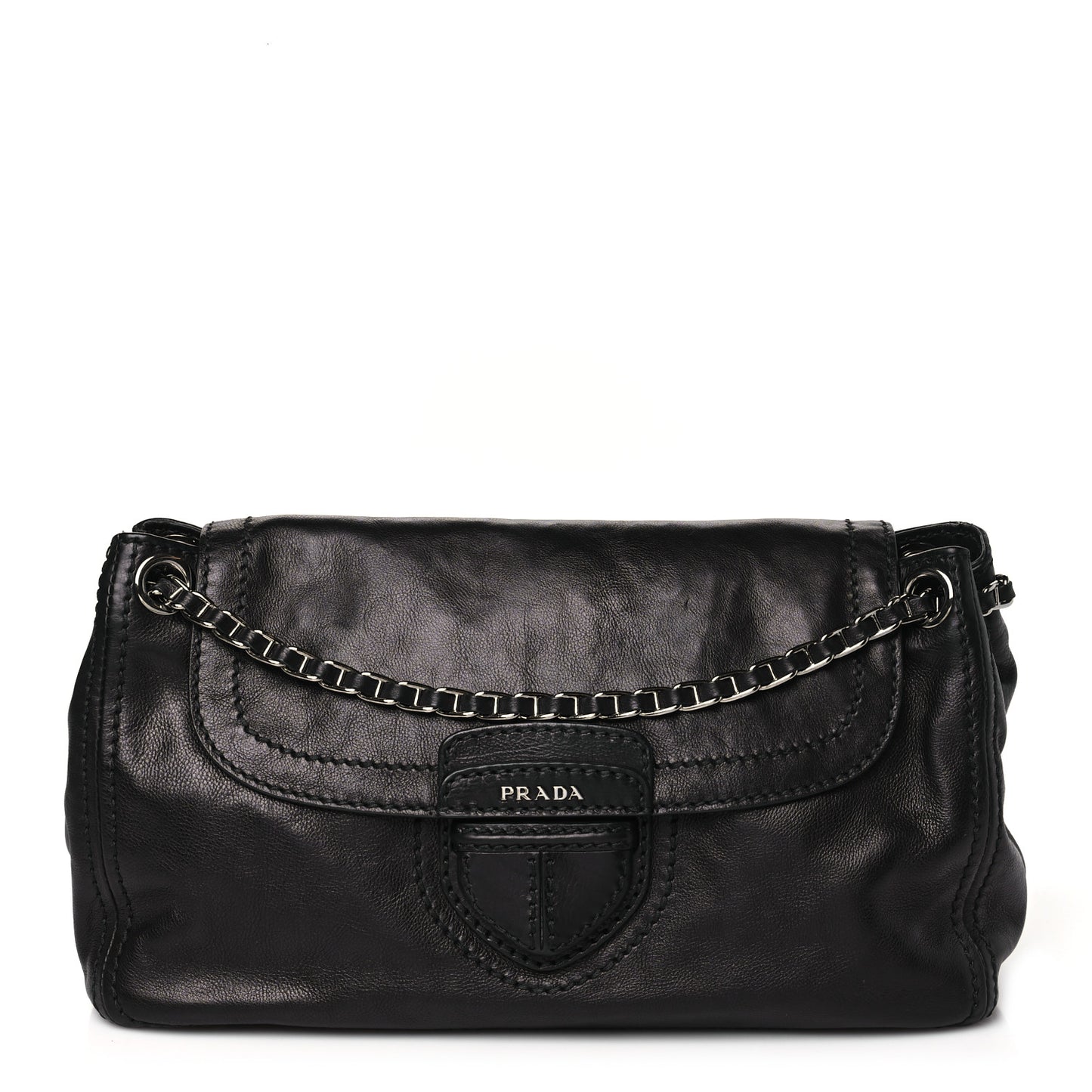 Glace Calf Pushlock Chain Shoulder Bag Black