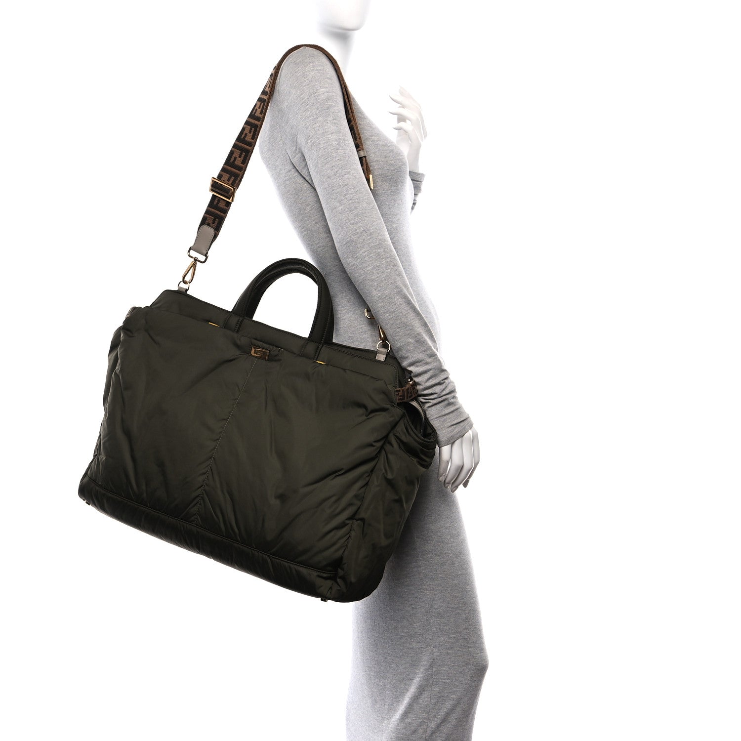 Fendi Nylon Dolmias Vitello Grace FF Large Peekaboo Iconic Satchel Military Brown Tortora 2 of 9