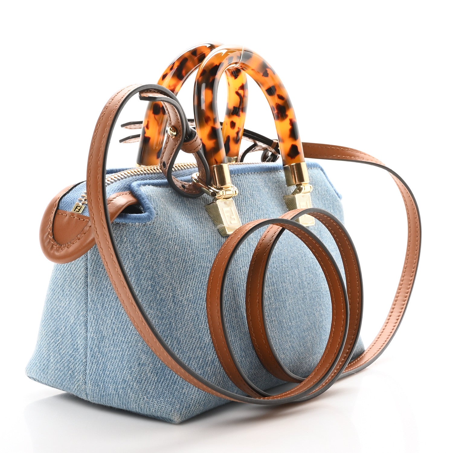 Fendi Denim Vitello King Plexiglass Logo Embroidered Mini By The Way Top Handle Boston Bag Denim Cuoio 3 of 10