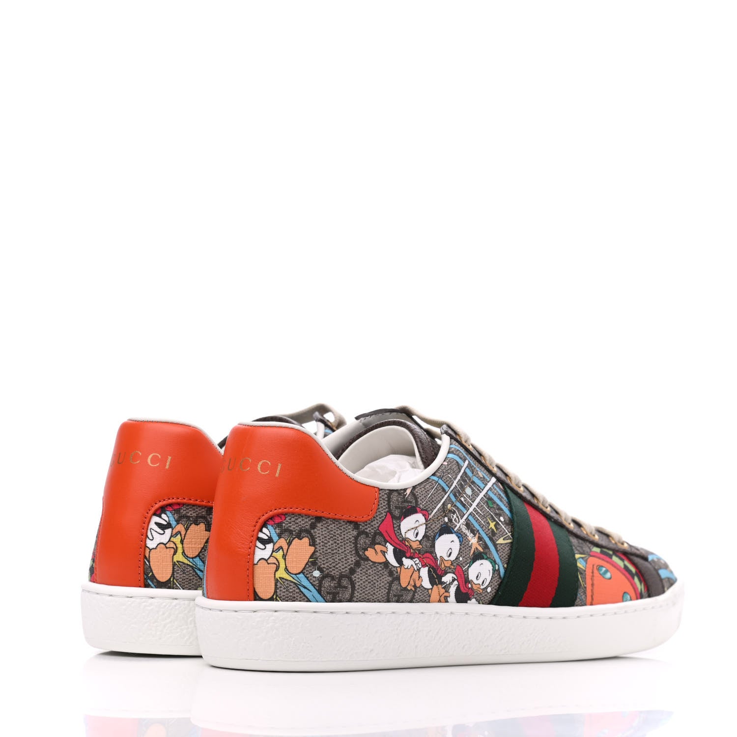 Gucci X DISNEY GG Supreme Monogram Web Donald Duck Womens Ace Sneakers 38 Beige New Acero Orange 4 of 10