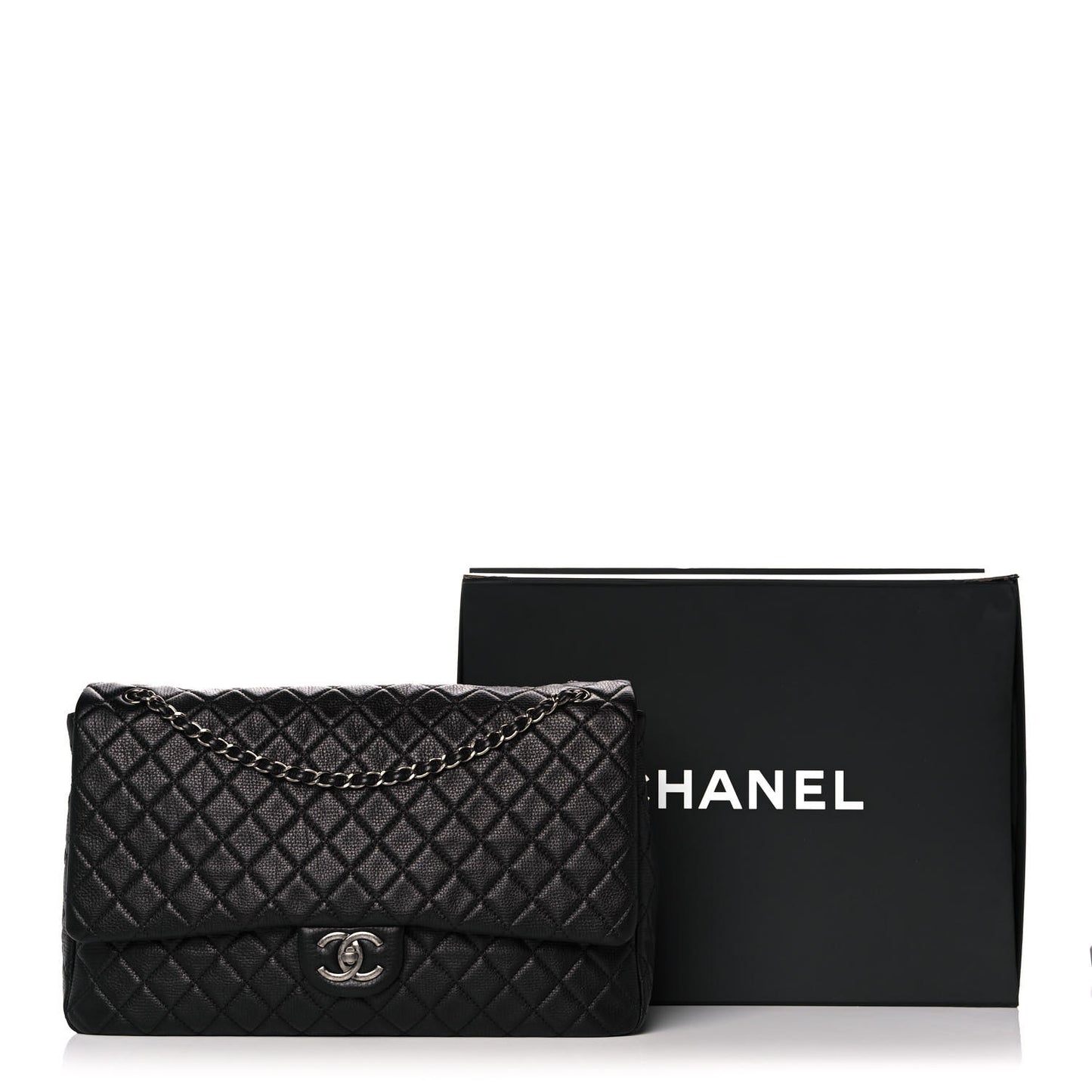 Calfskin Quilted XXL Travel Flap Bag Black