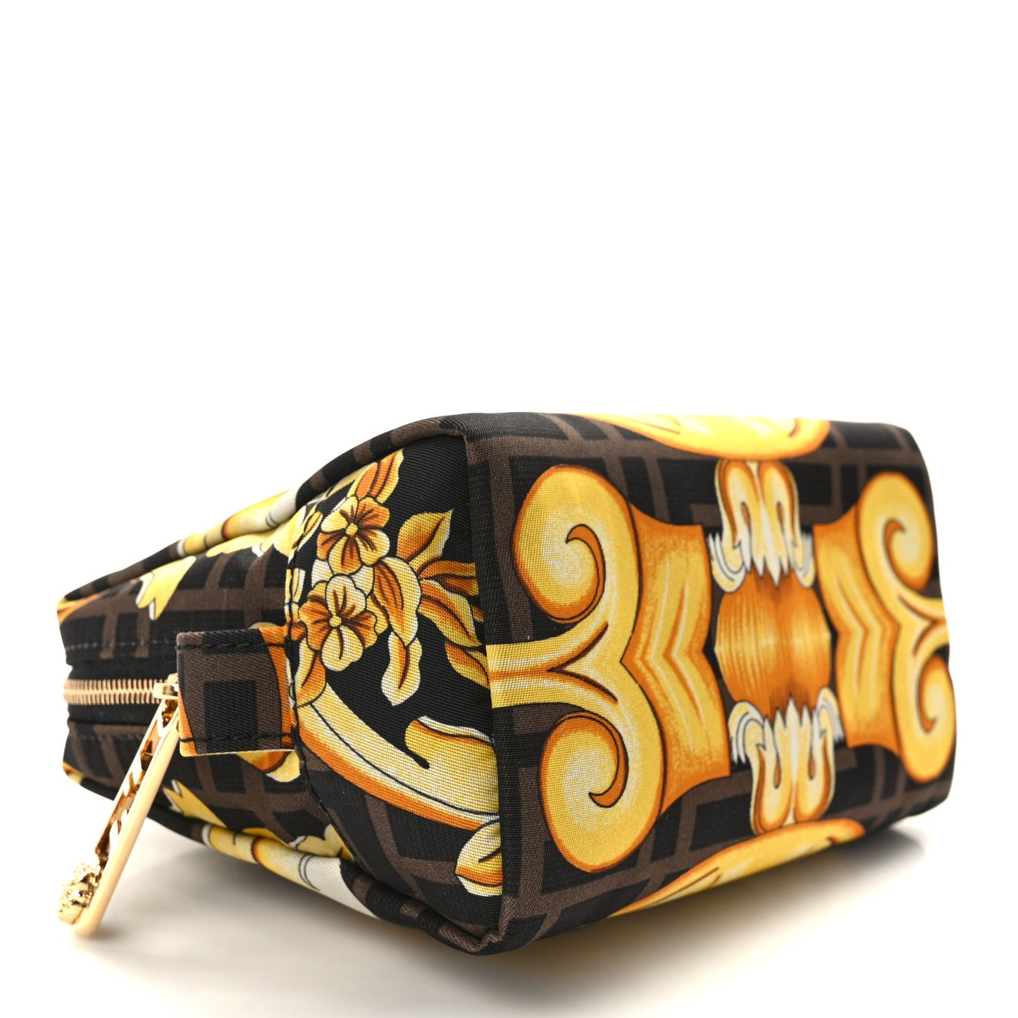 X VERSACE Nylon Fendace FF Baroque Print Small Trapezoid Beauty Pouch Gold