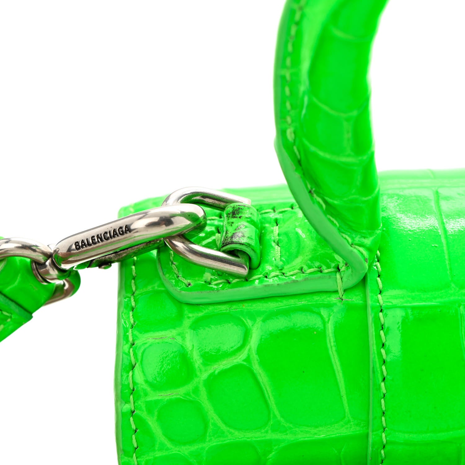 Balenciaga Shiny Calfskin Crocodile Embossed Hourglass Top Handle Bag XS Fluo Green 17 of 18