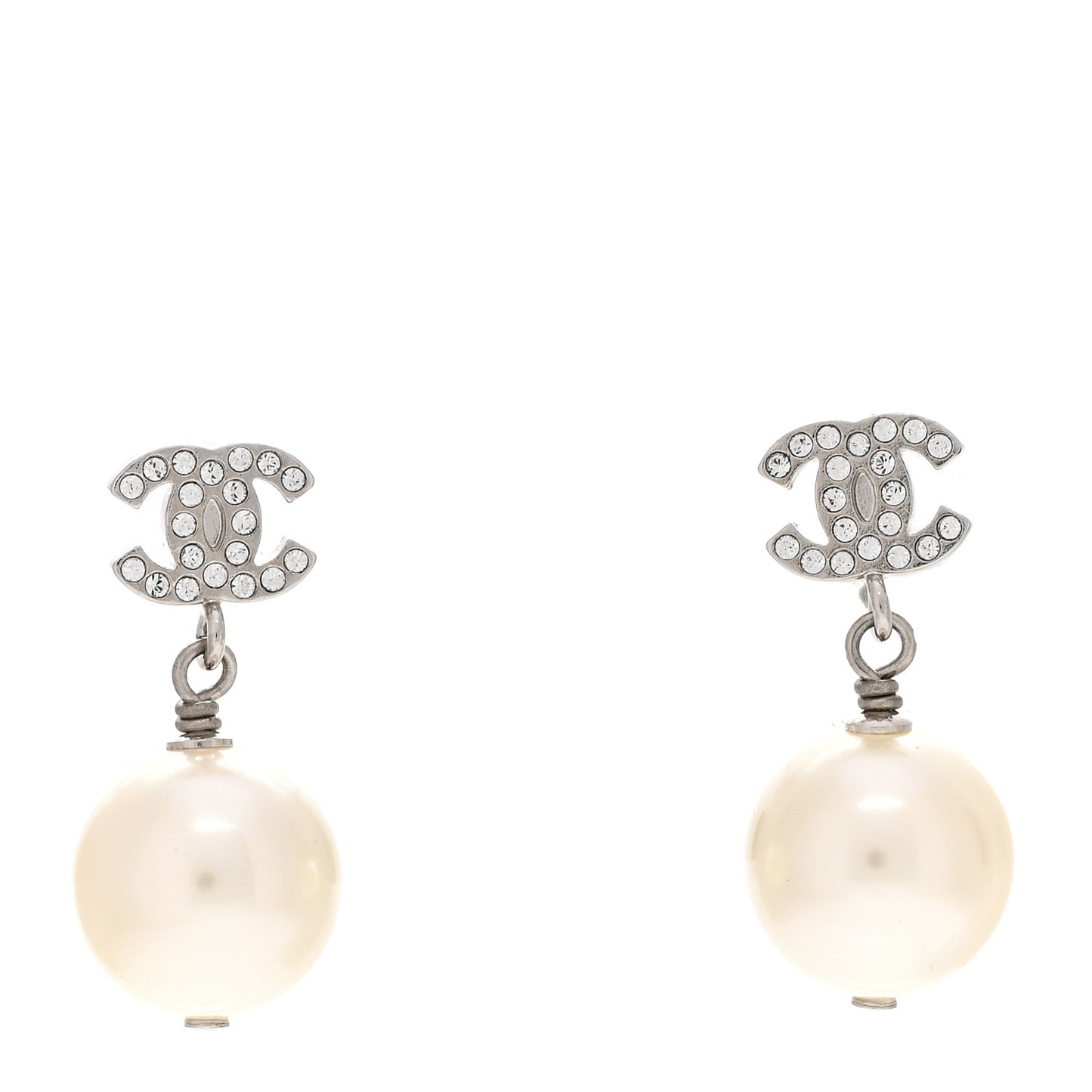 Crystal Pearl CC Drop Earrings Silver Pearly White