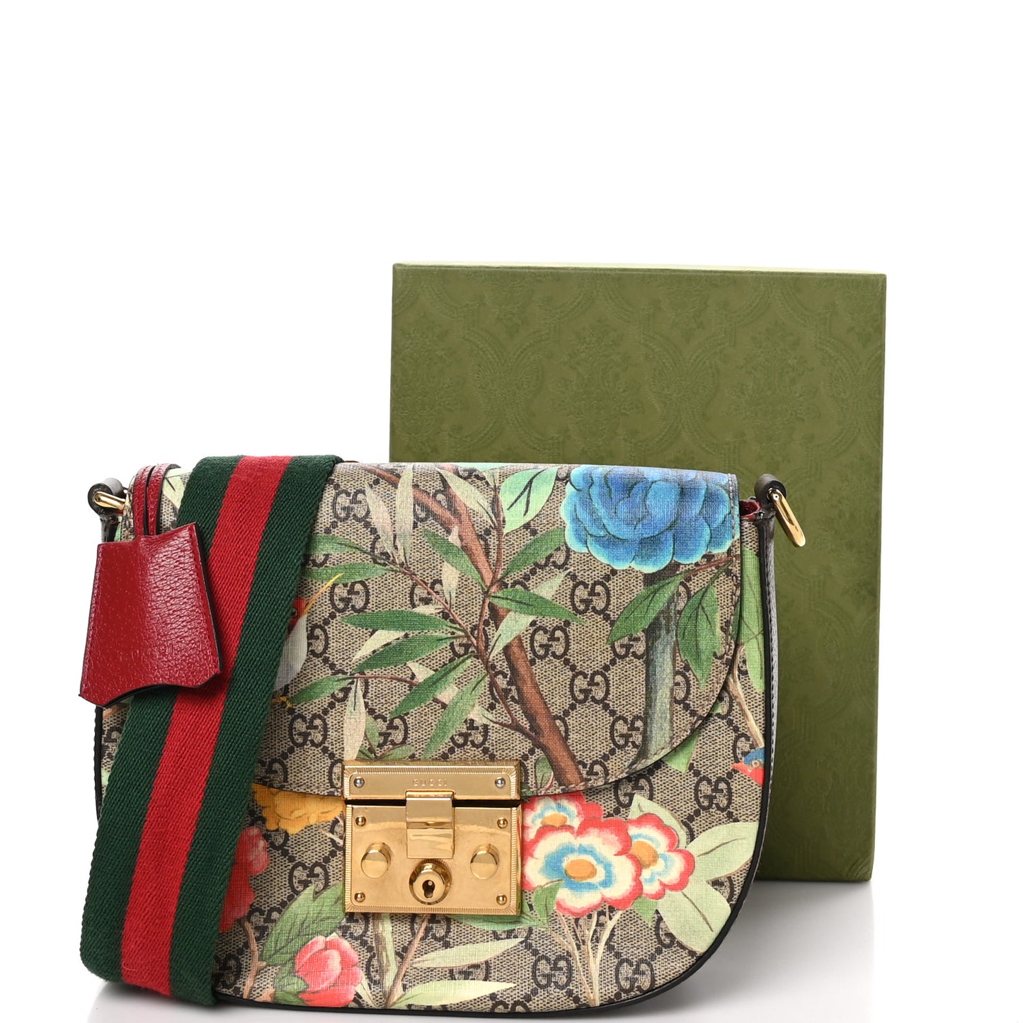 GG Supreme Monogram Tian Web Medium Padlock Messenger Shoulder Bag Beige Multicolor New Acero