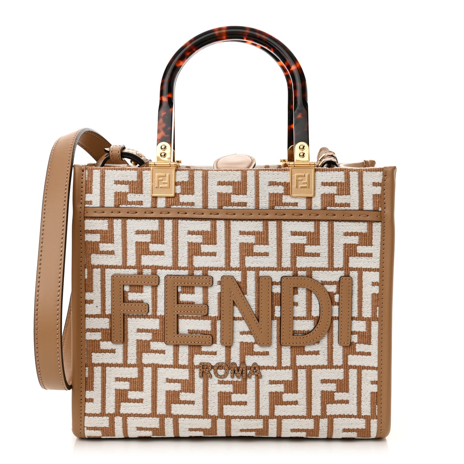 Fendi Raffia Chenille Vitello King Plexiglass Small Fendi Sunshine Shopper Tote Natural White 1 of 10