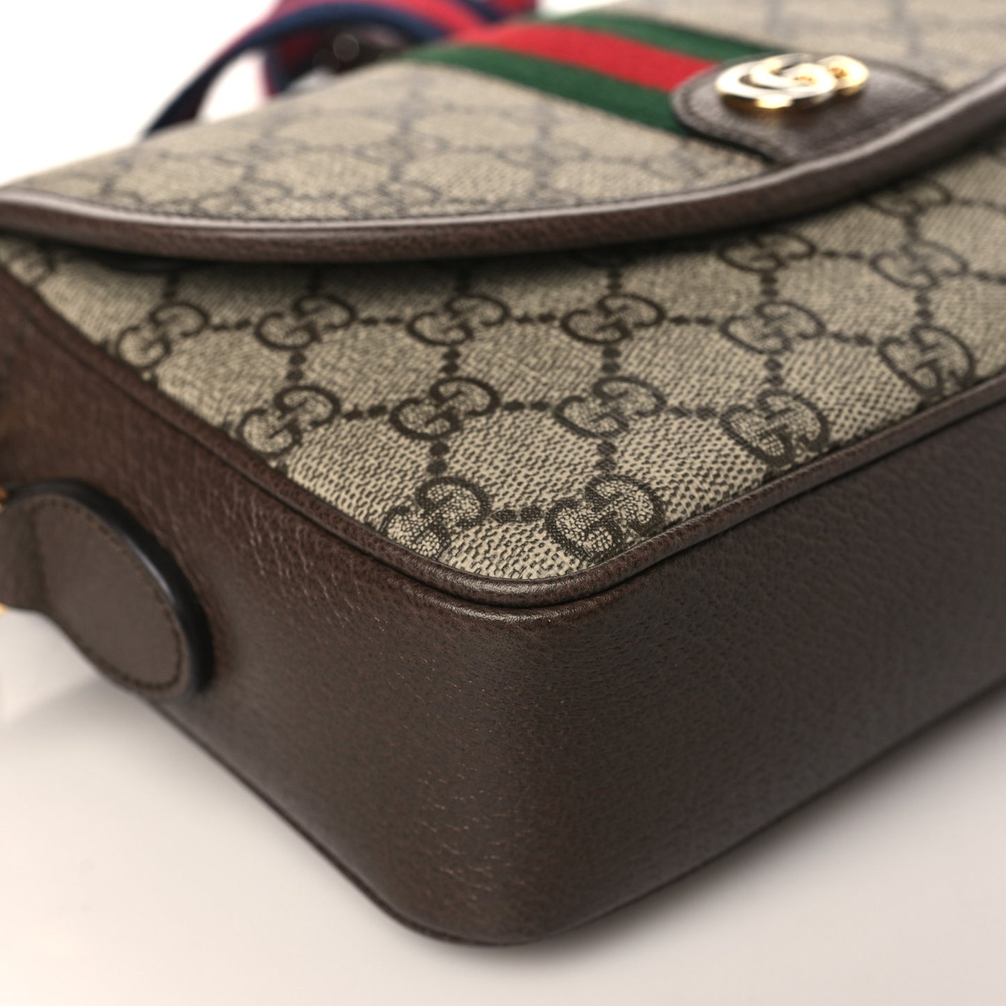 GG Supreme Monogram Textured Dollar Calfskin Web Studded Mini Ophidia Flap Shoulder Bag Beige Ebony New Acero