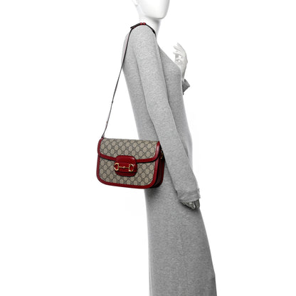 Gucci GG Supreme Monogram Azalea Calfskin Horsebit 1955 Shoulder Bag Beige Ebony New Cherry Red 2 of 10