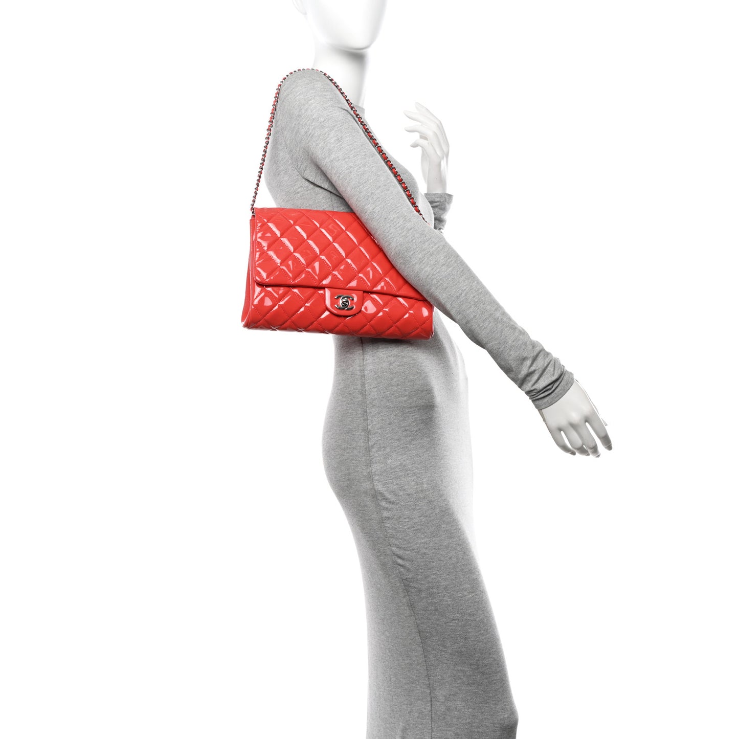 Patent Quilted Clutch With Chain Flap Fuchsia