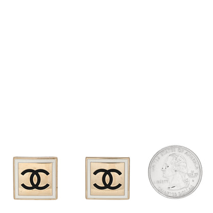 Chanel Metal Enamel CC Square Earrings Gold Black White 2 of 4