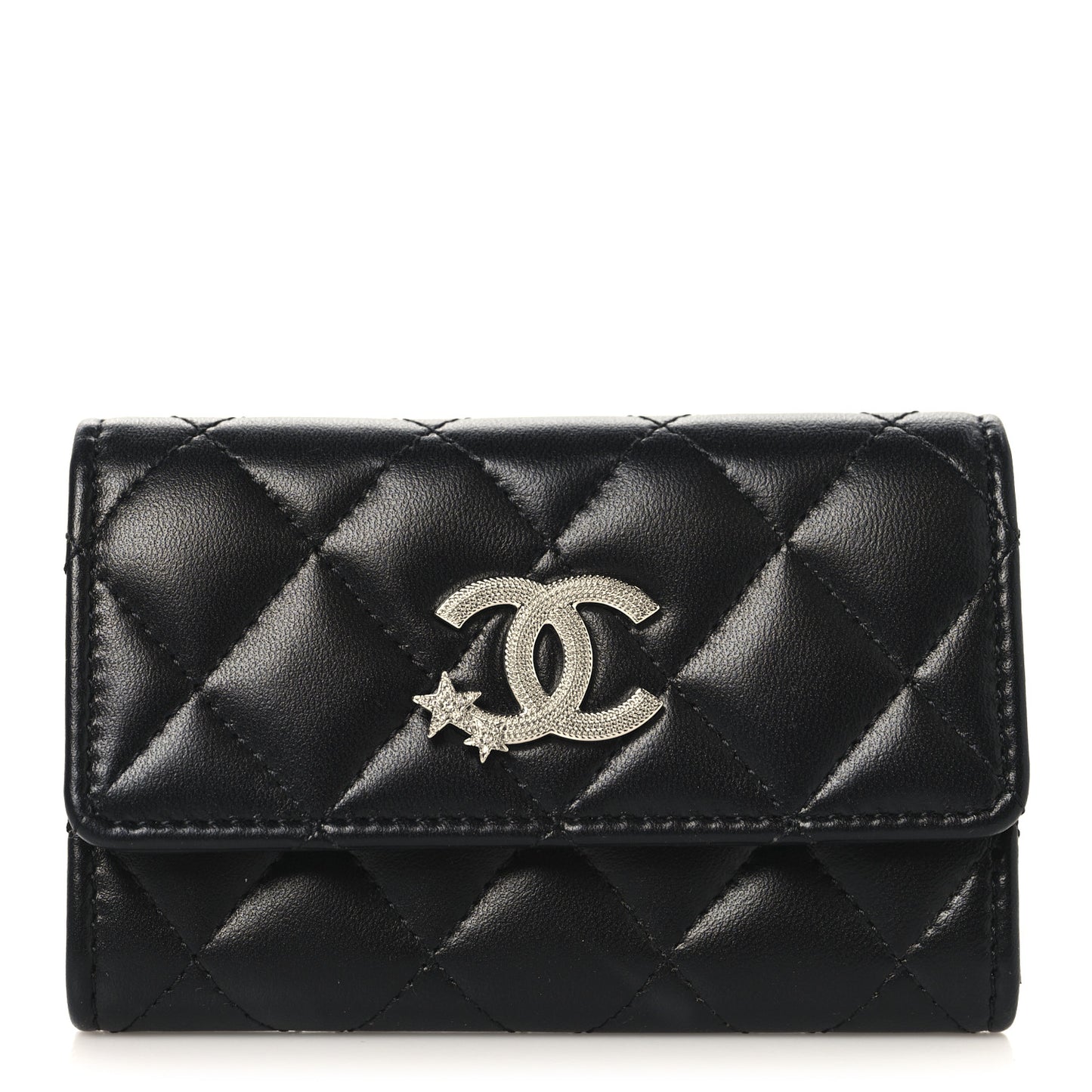 Lambskin Quilted Flap Crystal Star Card Holder Wallet Black
