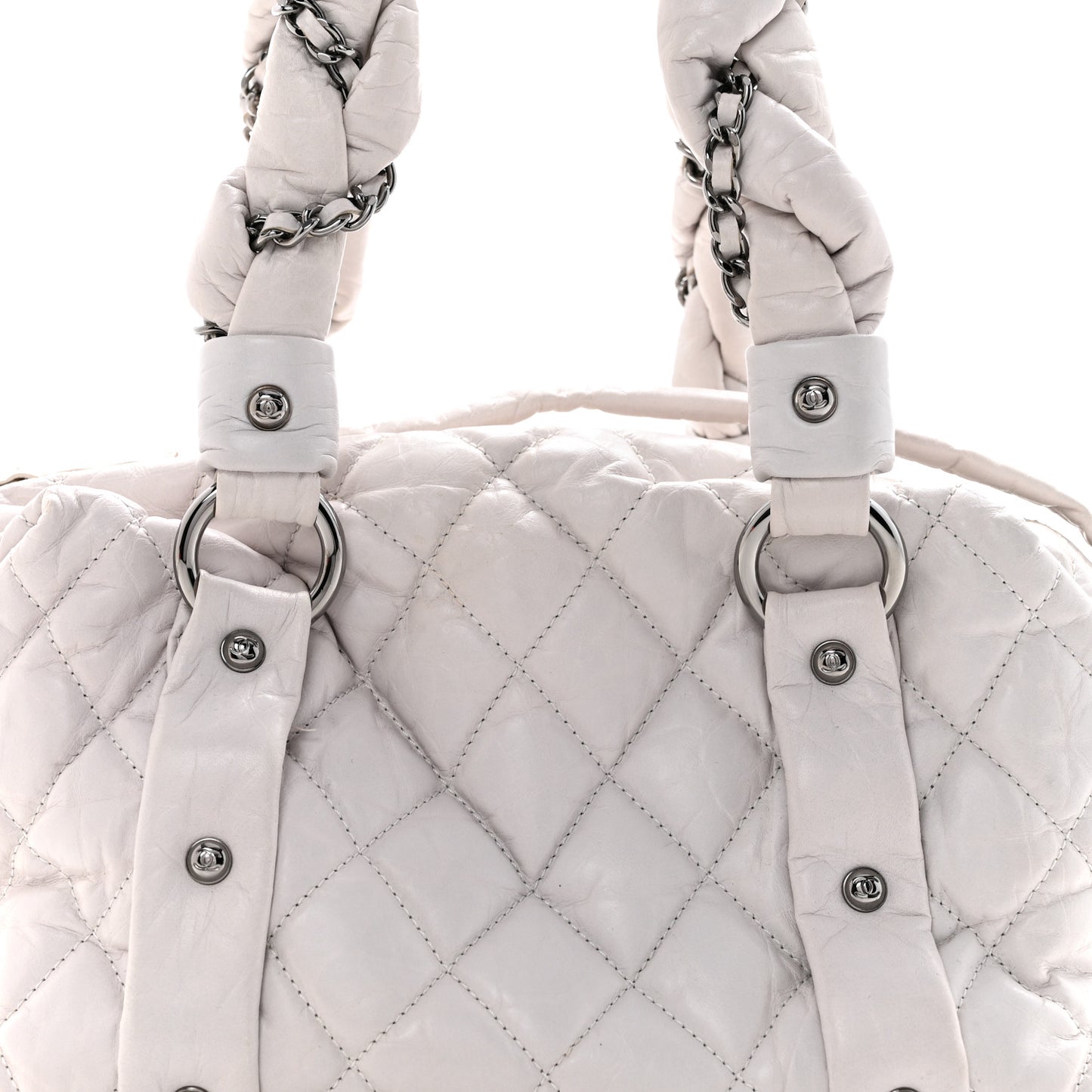 Distressed Lambskin Vintage Ligne Lady Braid Small Tote White