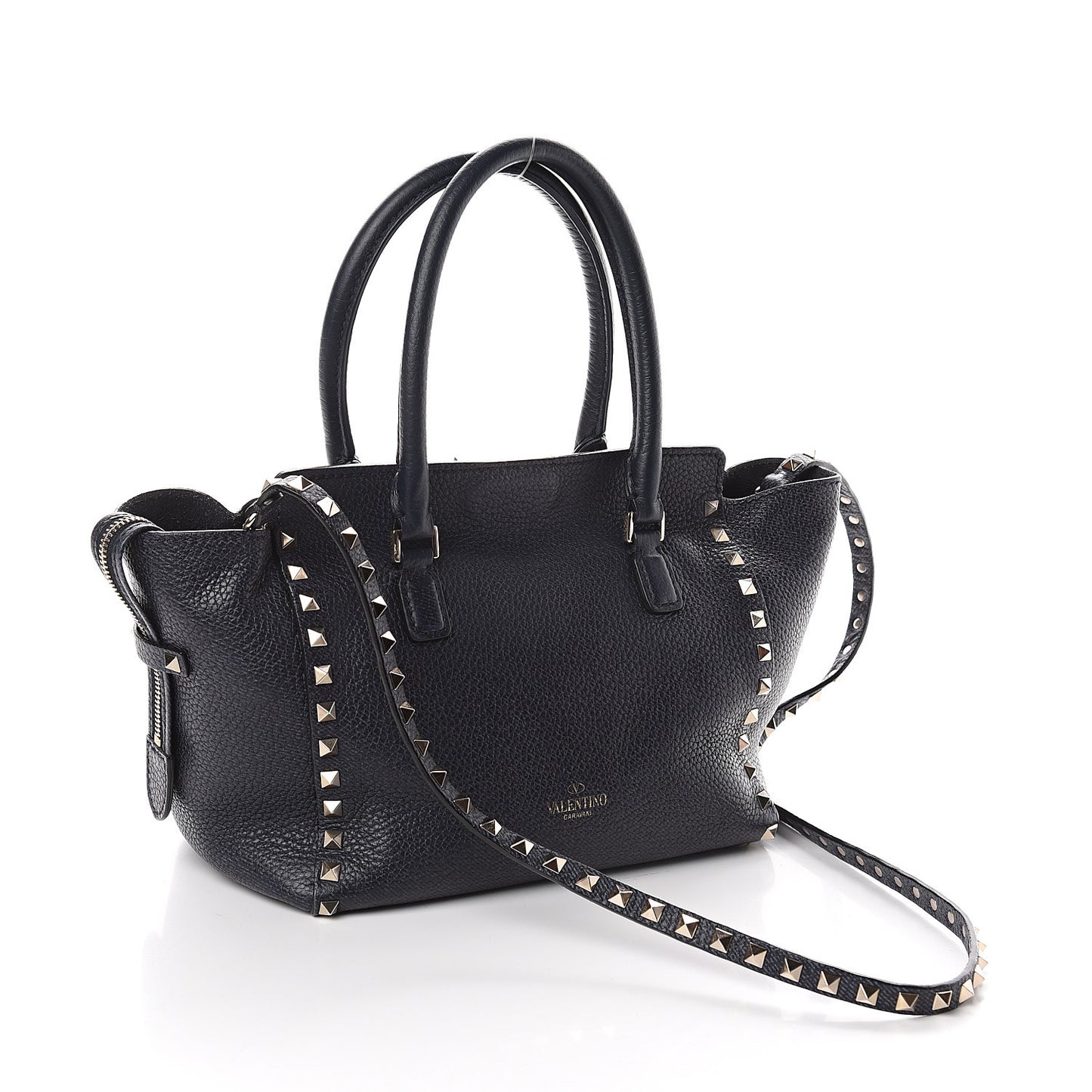 Pebbled Calfskin Small Rockstud Double Handle Tote Deep Denim