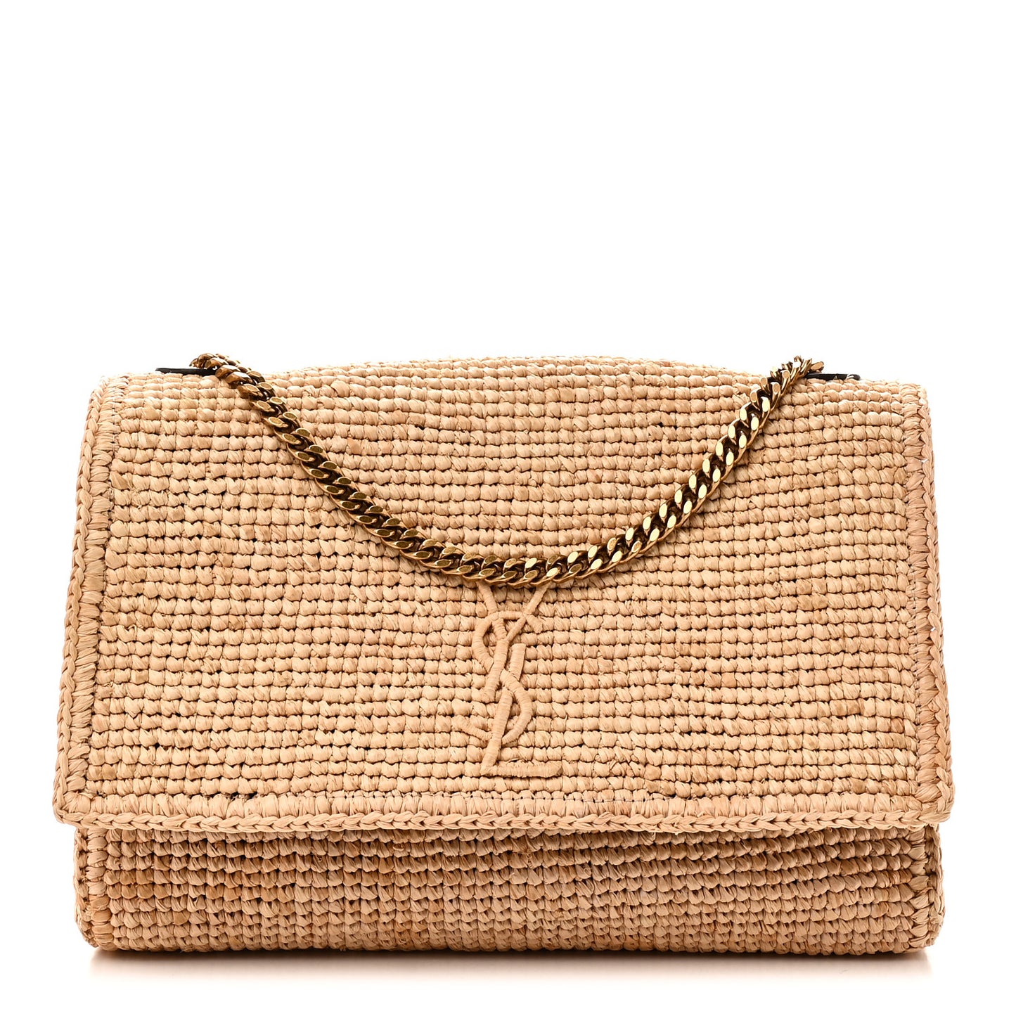 Raffia Medium Monogram Kate Satchel Natural Dark Oak