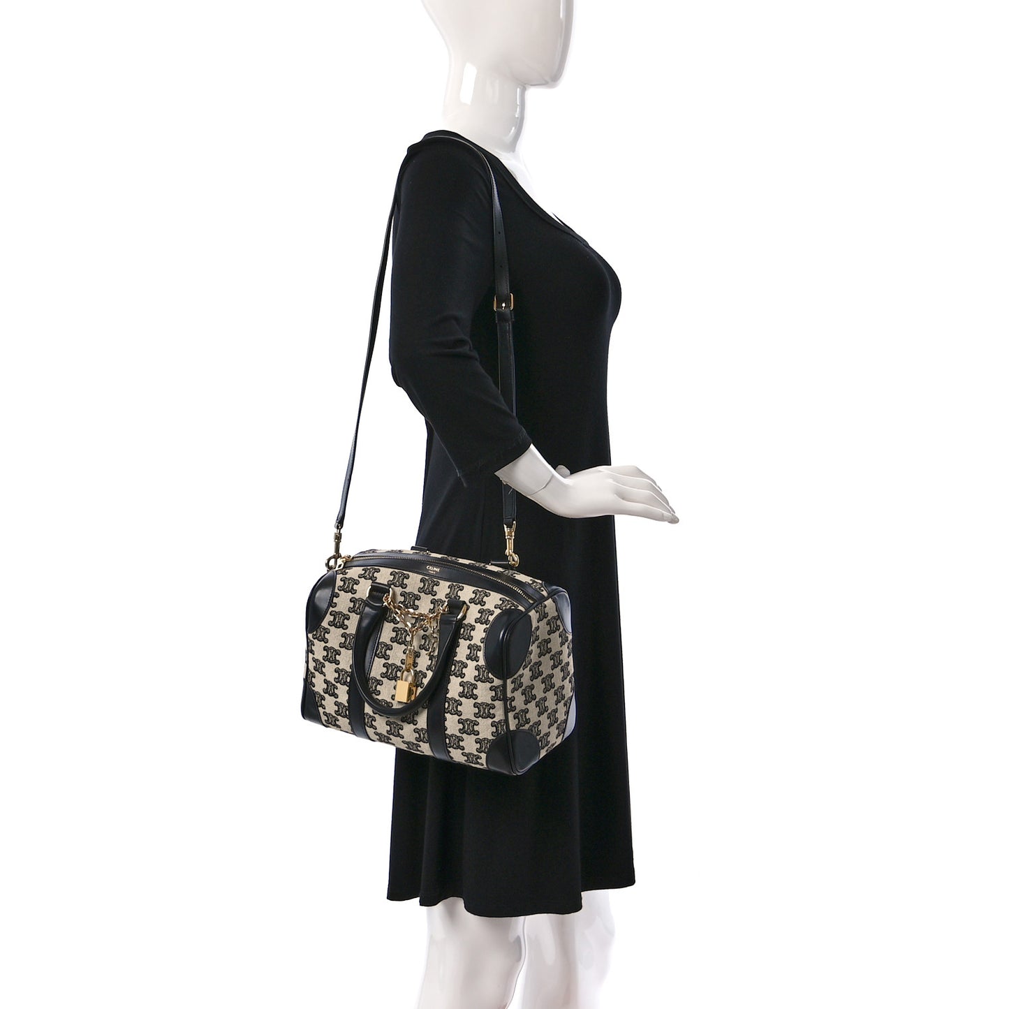 Canvas Calfskin Triomphe Embroidered Boston Bag Black