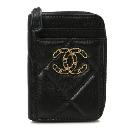 Chanel Lambskin Quilted Chanel 19 Vertical Zip Card Holder Wallet Black 1 of 9