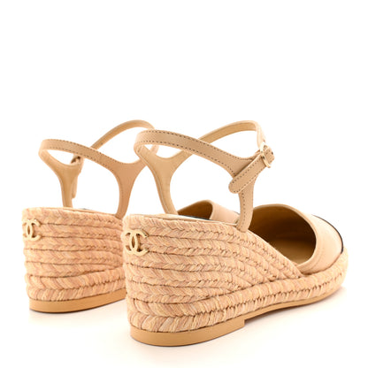 Chanel Lambskin Grosgrain CC Espadrilles Wedges 36 Beige Black 4 of 8