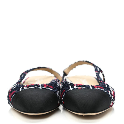 Chanel Tweed Grosgrain Cap Toe CC Slingback Flats 36 Navy Red White 2 of 10