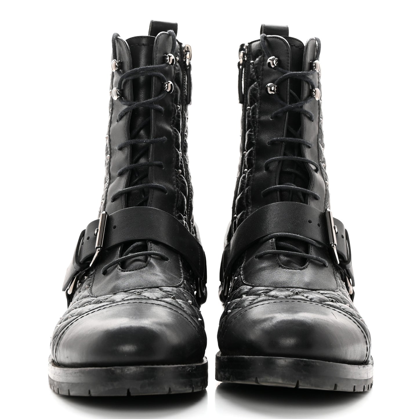 Crackled Lambskin Rockstud Spike 20mm Combat Boots 40 Black