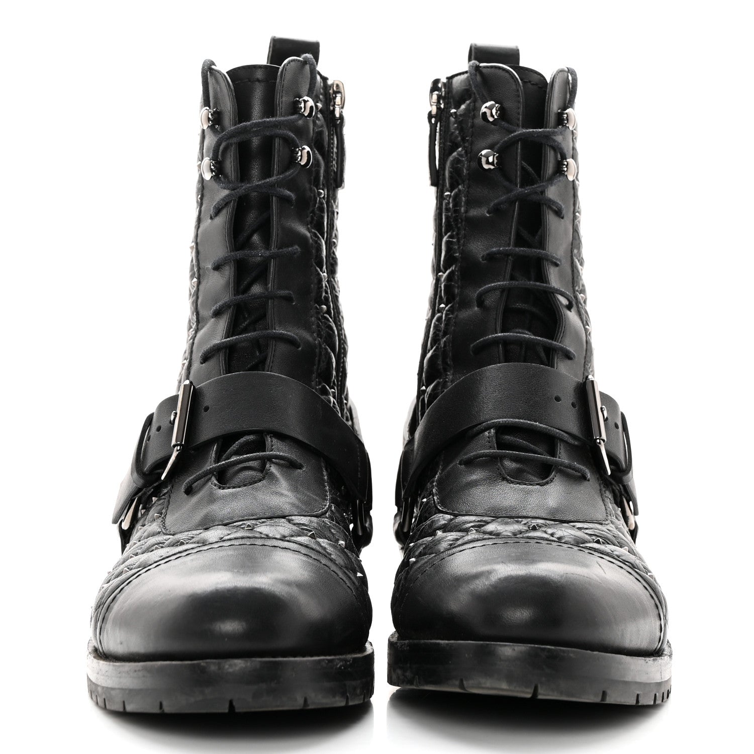 Valentino Garavani Crackled Lambskin Rockstud Spike 20mm Combat Boots 40 Black 2 of 17