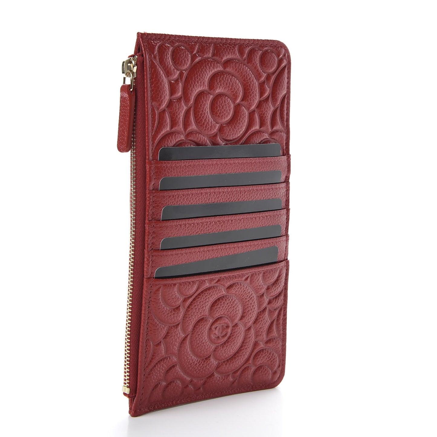Caviar Camellia Embossed Classic Flat Wallet Pouch Red