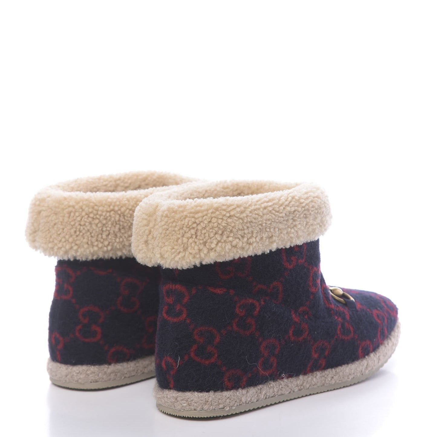 Covered Wool GG Monogram Womens Fria Horsebit Ankle Boots 37 Blue Red Butterscotch