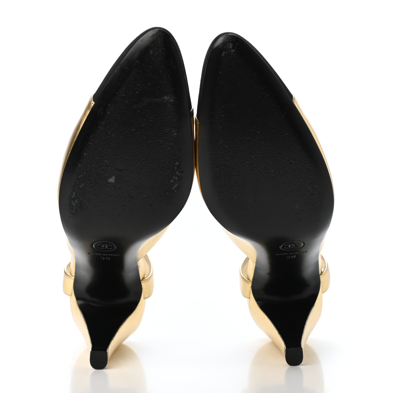 Chanel Laminated Lambskin Grosgrain Cap Toe CC Pumps 39 Gold Black 4 of 4