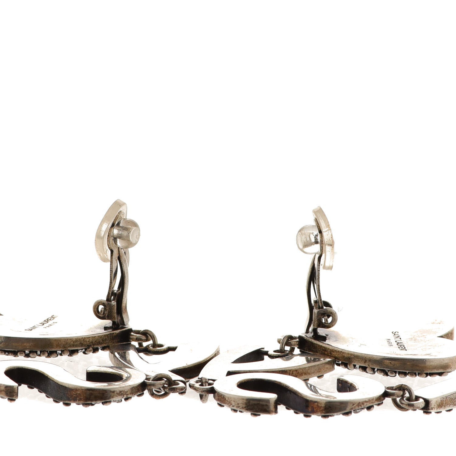 Saint Laurent Brass Crystal Monogram Heart Drop Clip Earrings Silver 3 of 4