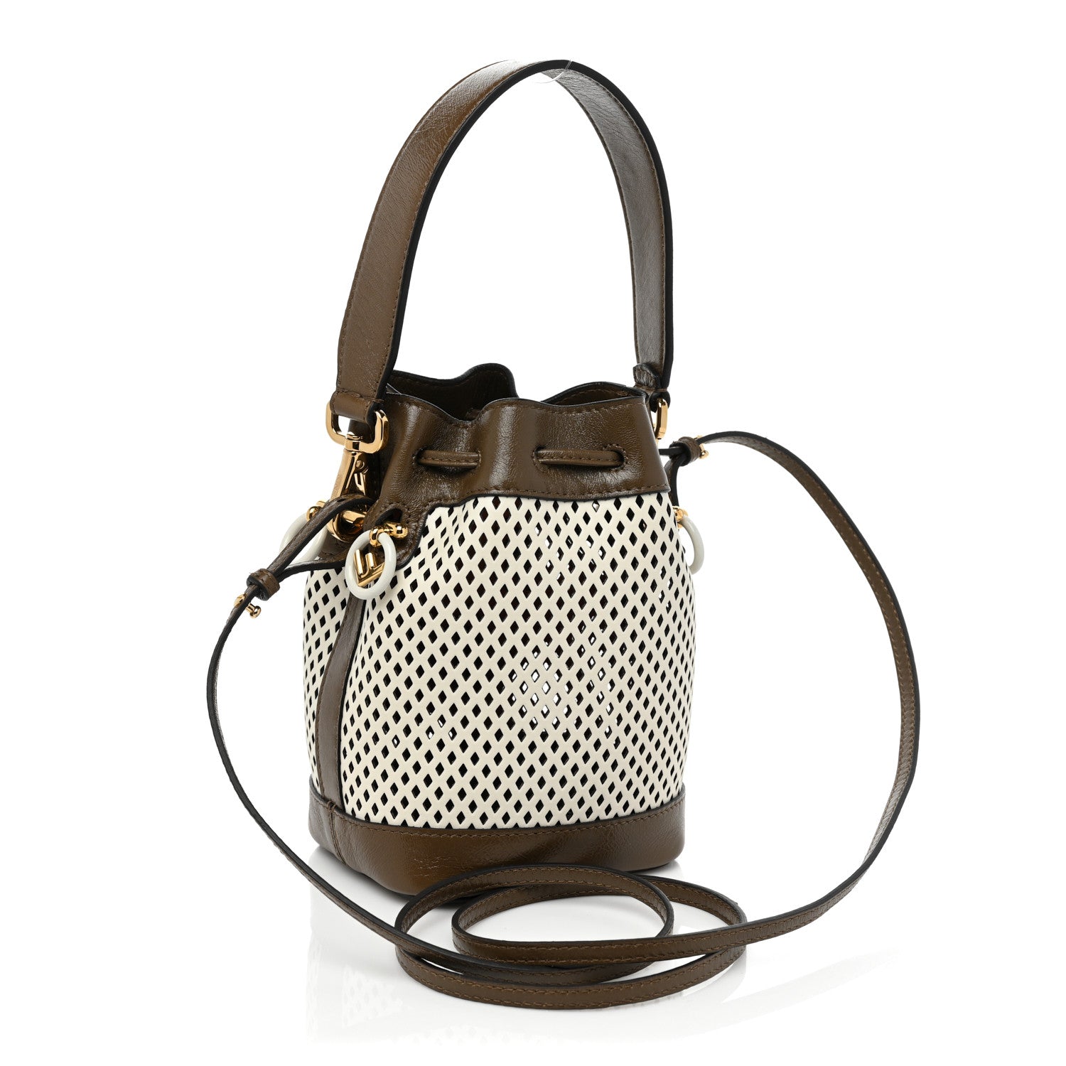 Fendi Vitello Liberty Glossy Lambskin F is Fendi Perforated Mini Mon Tresor Bucket Bag White Ice Rust Maya 3 of 8