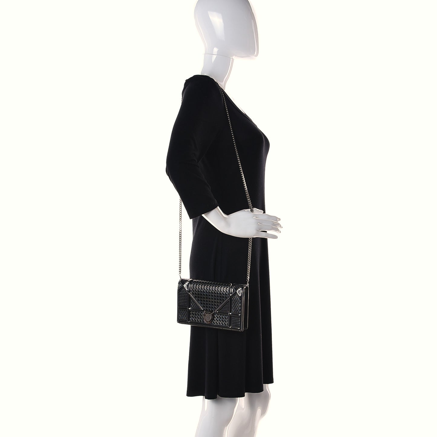 Metallic Patent Micro-Cannage Diorama Wallet on Chain Pouch Onyx Black
