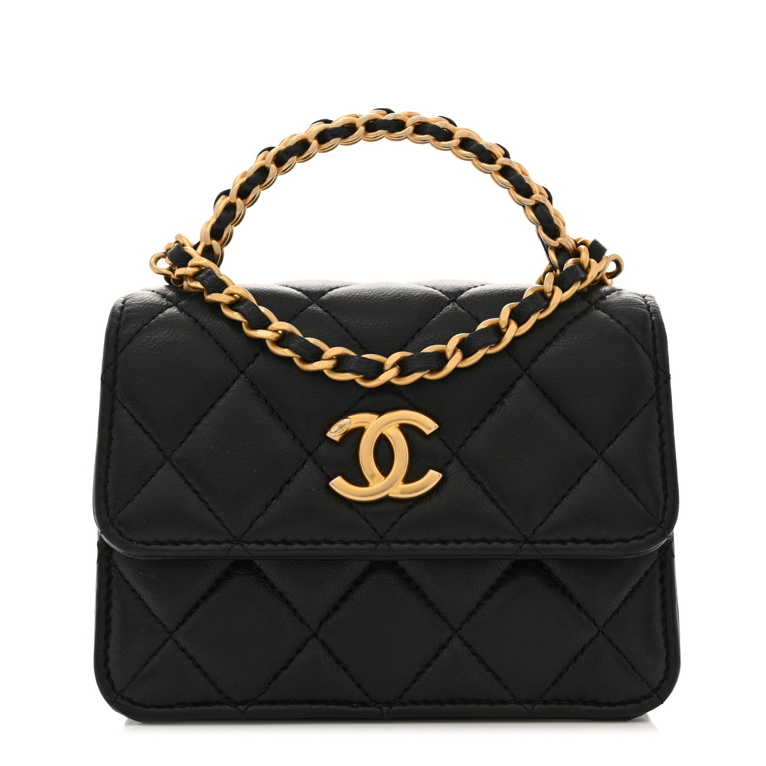 Chanel Lambskin Quilted Chain Top Handle Clutch With Chain Black 1 of 14