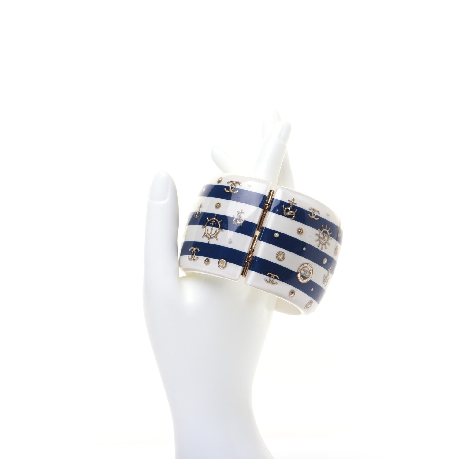 Chanel Resin Pearl Stripe CC Cuff White Navy 2 of 10