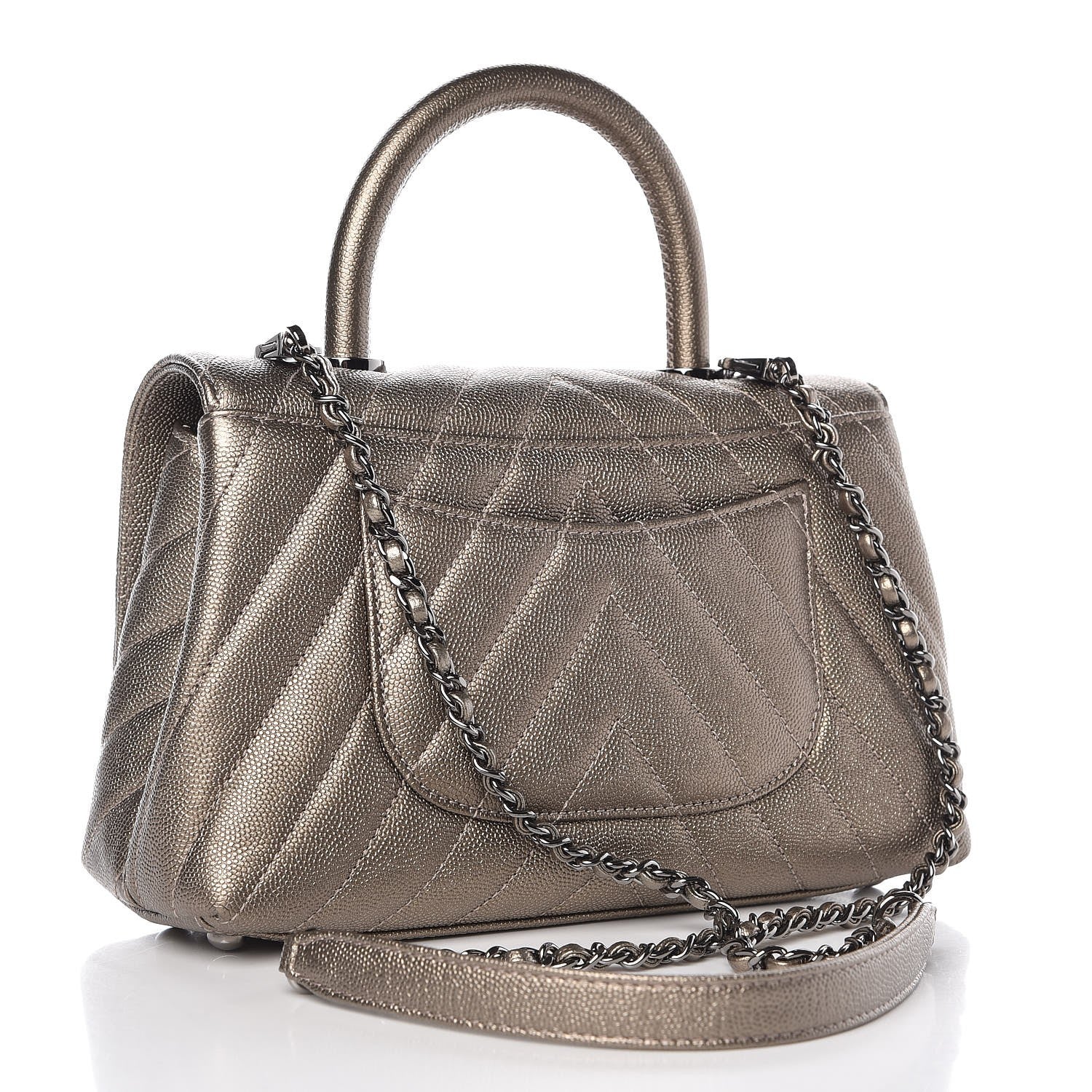 Chanel Metallic Caviar Chevron Quilted Mini Coco Handle Flap Light Gold 4 of 7