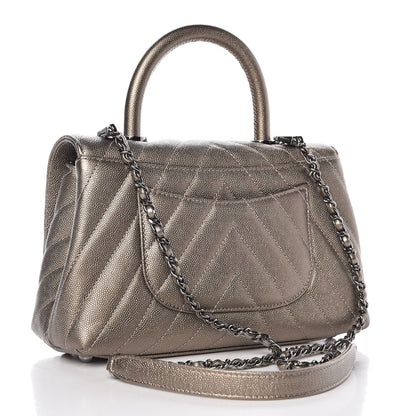 Chanel Metallic Caviar Chevron Quilted Mini Coco Handle Flap Light Gold 4 of 7
