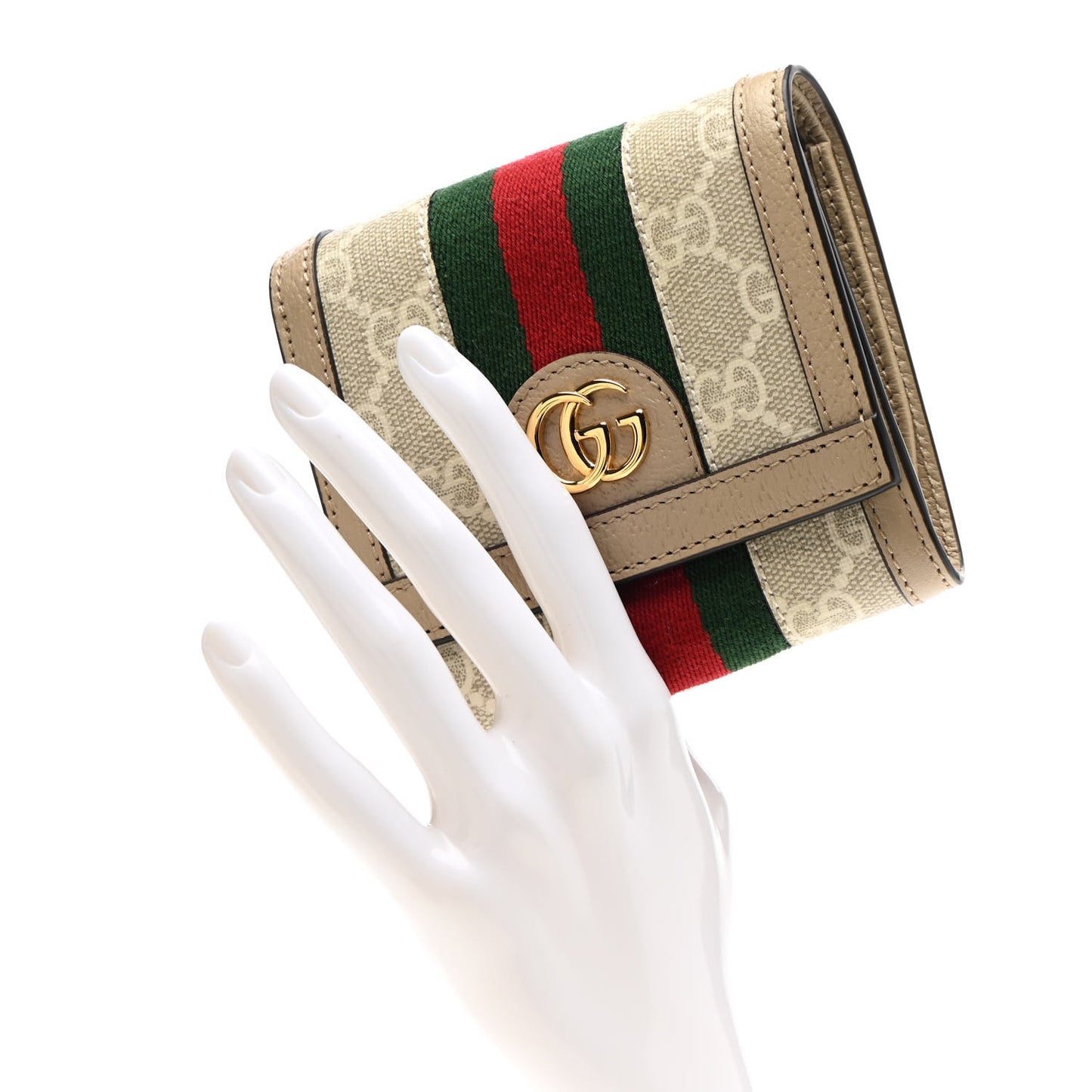 GG Supreme Monogram Textured Dollar Calfskin Web Ophidia Card Case Wallet Beige Mystic White Oatmeal