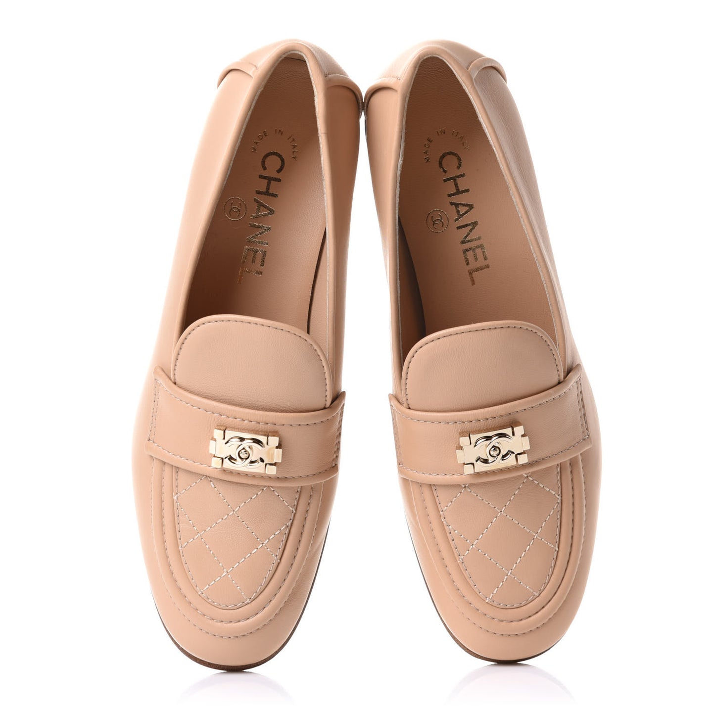 Lambskin Quilted Womens CC Loafers 37 Beige