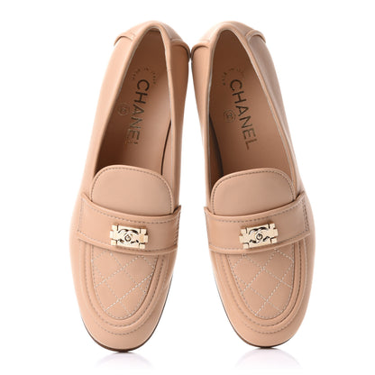 Chanel Lambskin Quilted Womens CC Loafers 37 Beige 5 of 8