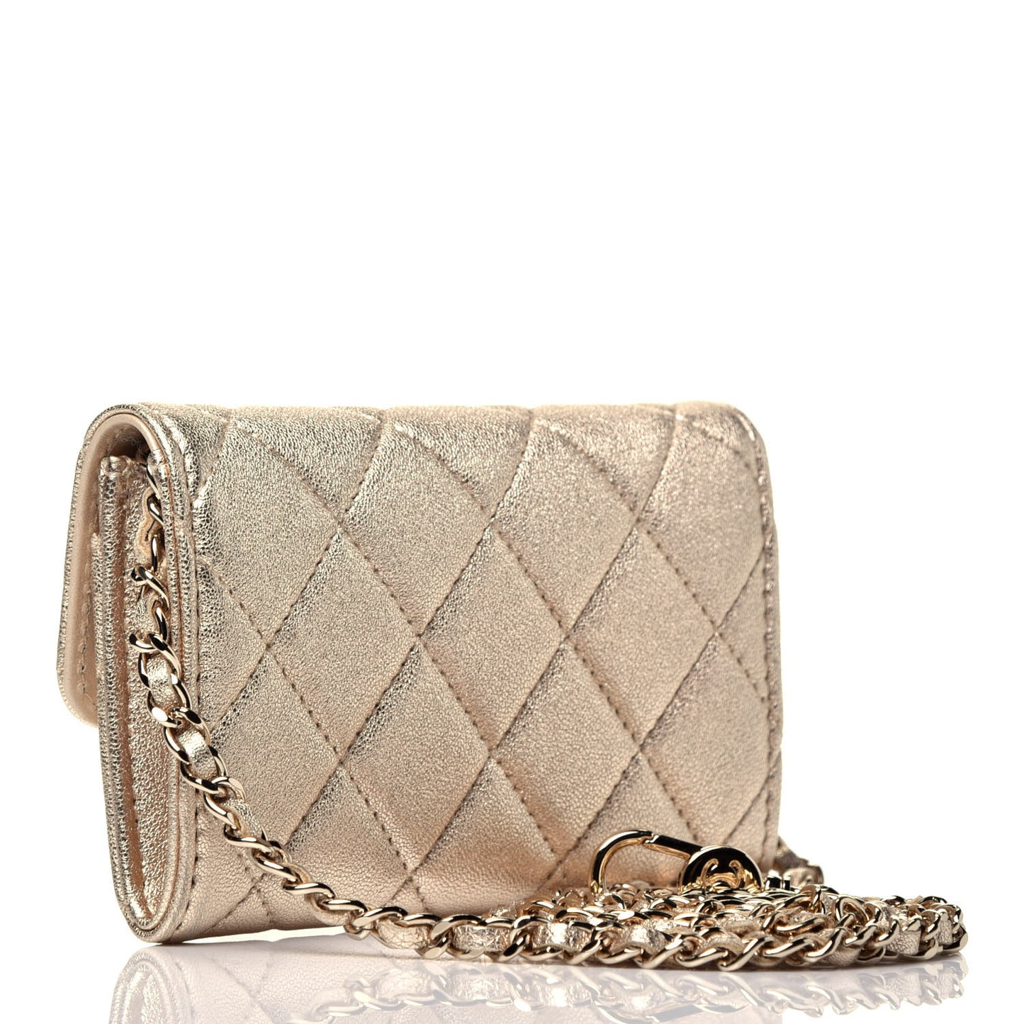 Metallic Lambskin Quilted Flap Chain Waist Bag Gold