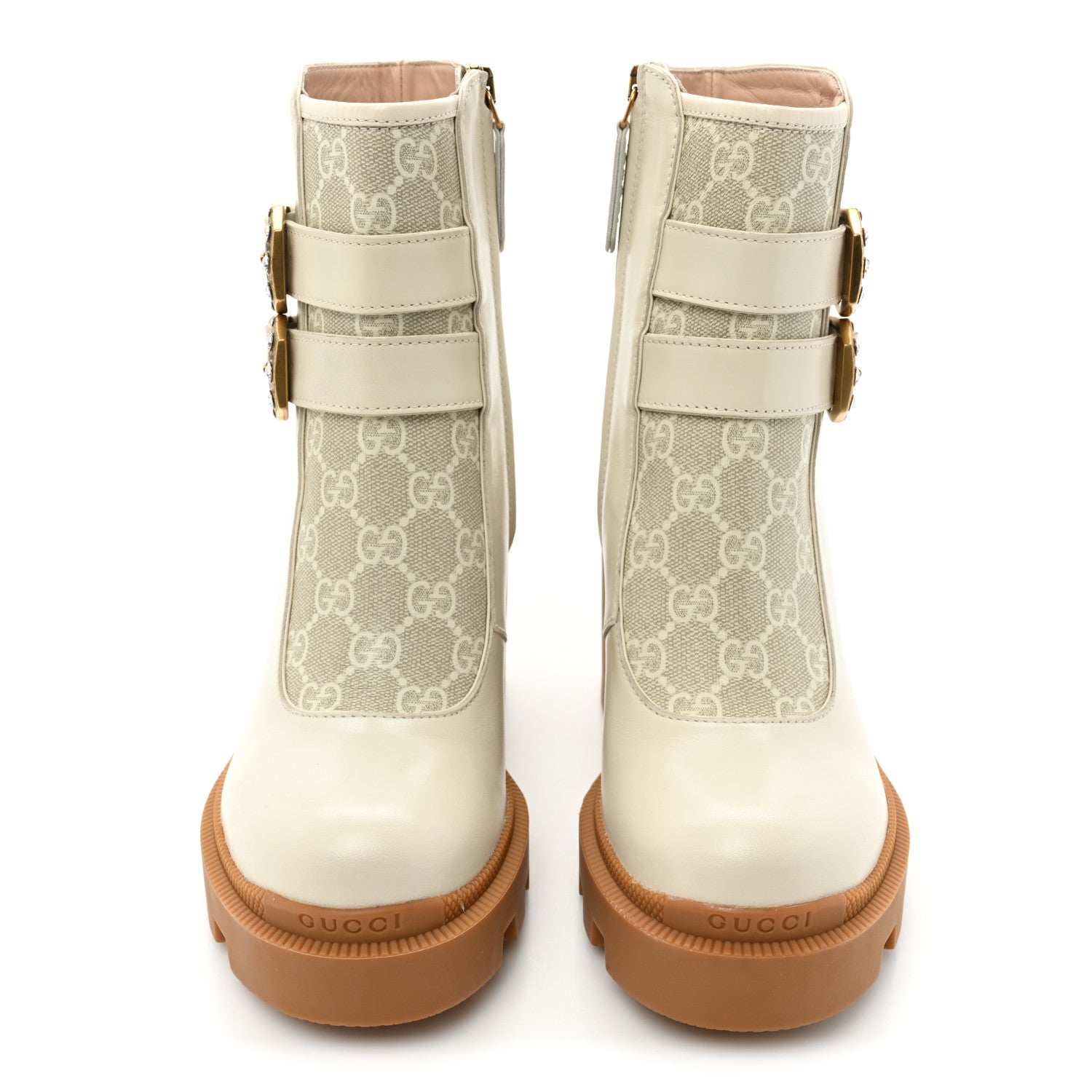 Gucci Kensington Calfskin Nappa GG Supreme Monogram Womens Double Buckle Ankle Boots 35 Mystic White Beige 2 of 10