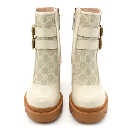 Gucci Kensington Calfskin Nappa GG Supreme Monogram Womens Double Buckle Ankle Boots 35 Mystic White Beige 2 of 10